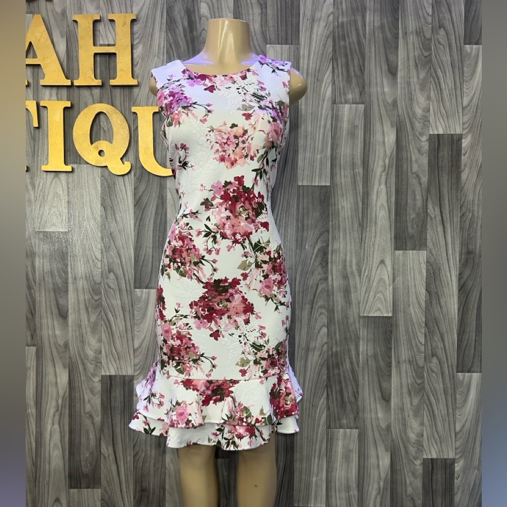 Shelby & Palmer White Midi Dress with Pink Floral Print and Ruffle Hem